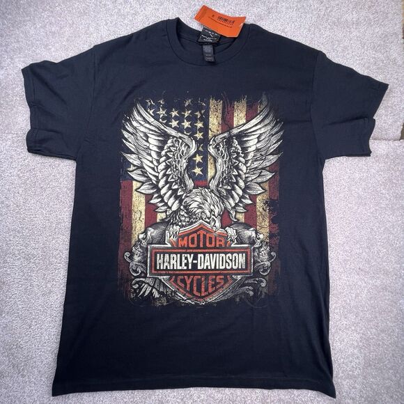 Harley Davidson Men's Shirt Oconomowoc Wisconsin Eagle American Flag Size Medium - Picture 1 of 6